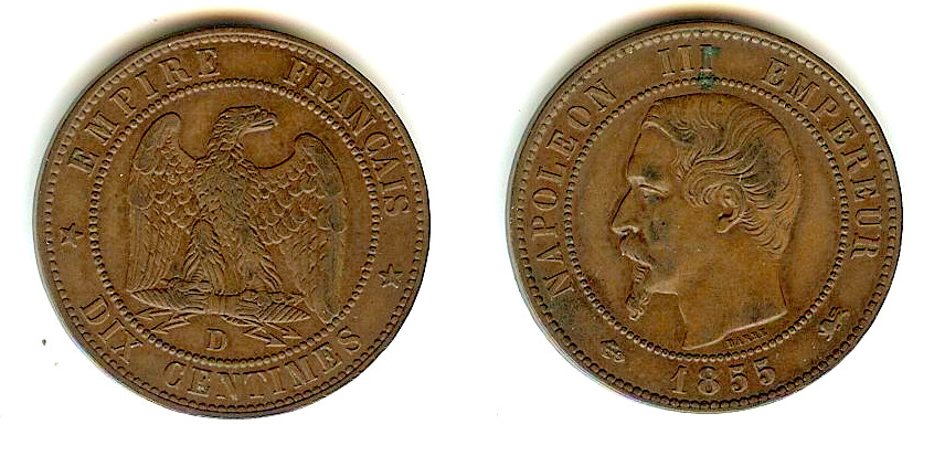 Dix centimes Napoléon III, tête nue 1855 Lyon TTB à TTB+